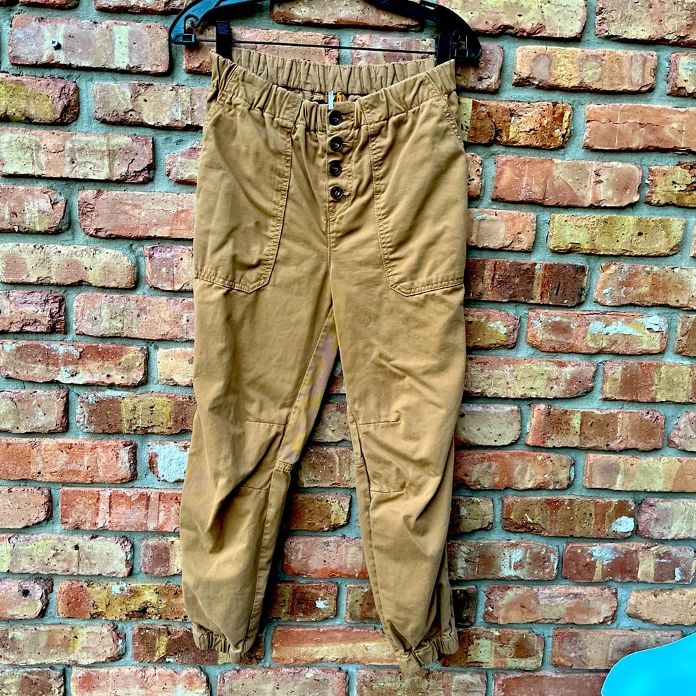 FREE PEOPLE XS JOGGER CHINO PANTS BUTTON FLY ELASTIC BROWN POCKETS